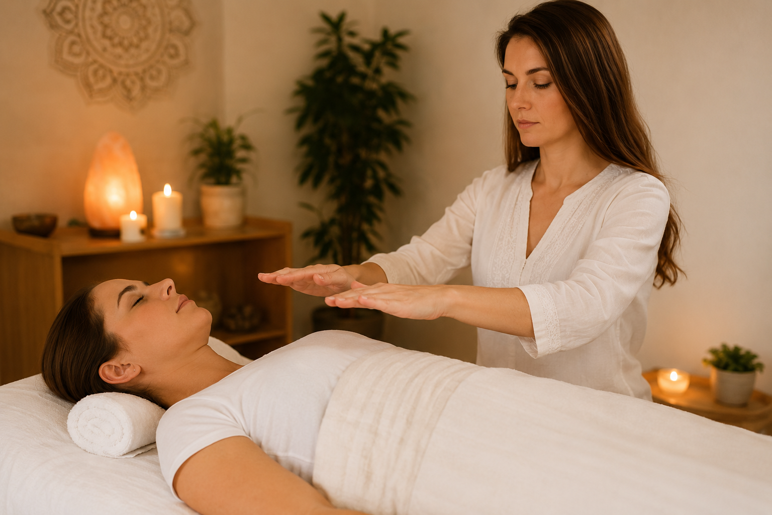 Alex offering Reiki in a candlelit treatment room